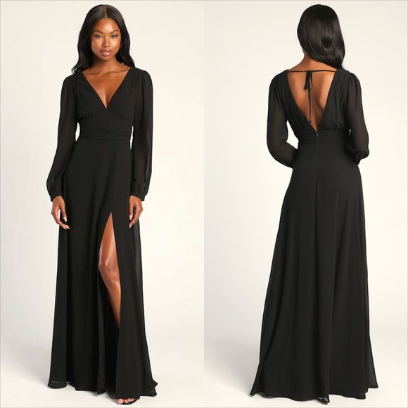 Lulus Dresses & Skirts - Lulus Black V-Neck Long Sleeve Open Back Maxi Dress Gown Size Large